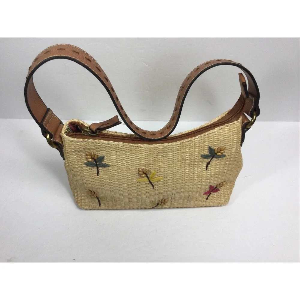 Vintage Fossil Straw Shoulder Bag Hobo Purse Beaded Accents‎ 9in x 6in